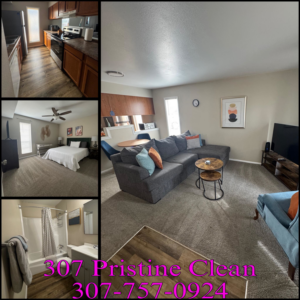 A collage of sparkling clean rooms including a kitchen, living room, bedroom, and bathroom, showcasing the quality house cleaning services by 307 Pristine Clean in Cheyenne, WY.