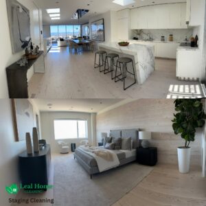 A clean kitchen and bedroom after staging cleaning by Leal Home Cleaning in San Francisco, CA.