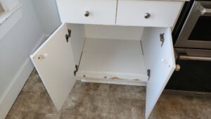 The clean interior of an open kitchen cabinet, reflecting the thorough cleaning standards of Eyedeal Cleaning Services in Gresham, OR.