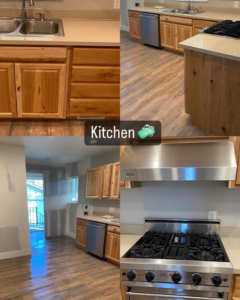 A meticulously cleaned kitchen with wooden cabinets, a double sink, and a stainless steel stove, by Hernanz Family Cleaning Services LLC in West Valley City, UT.