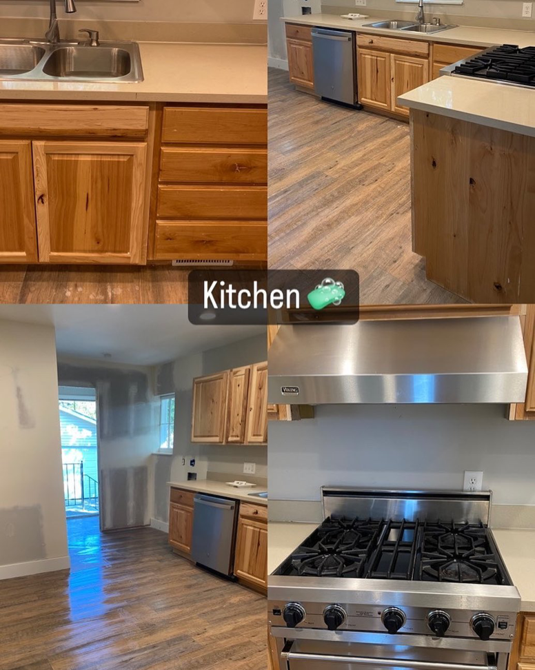 A meticulously cleaned kitchen with wooden cabinets, a double sink, and a stainless steel stove, by Hernanz Family Cleaning Services LLC in West Valley City, UT.