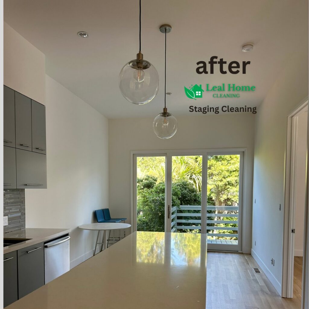 A clean kitchen and dining area after staging cleaning by Leal Home Cleaning in San Francisco, CA.
