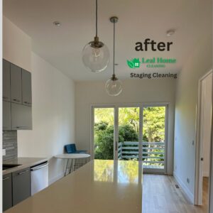 A clean kitchen and dining area after staging cleaning by Leal Home Cleaning in San Francisco, CA.