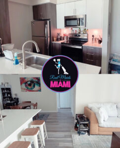 A split image showcasing a clean kitchen and living room by Real Maids of Miami, LLC in Miami, FL.