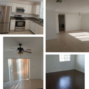 A collage showing a sparkling clean kitchen and empty living rooms after a professional cleaning by mightycleancleaningservice in Miami, FL.