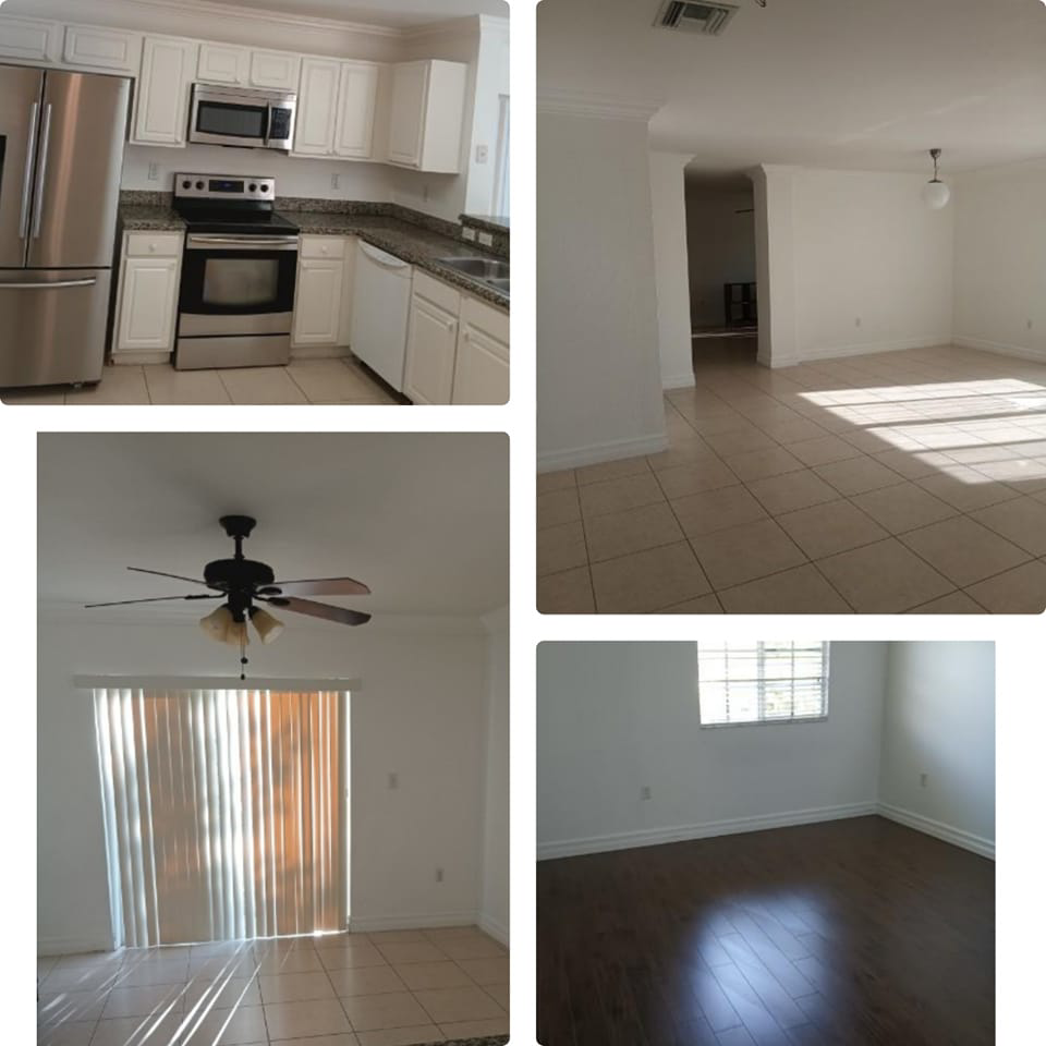 A collage showing a sparkling clean kitchen and empty living rooms after a professional cleaning by mightycleancleaningservice in Miami, FL.