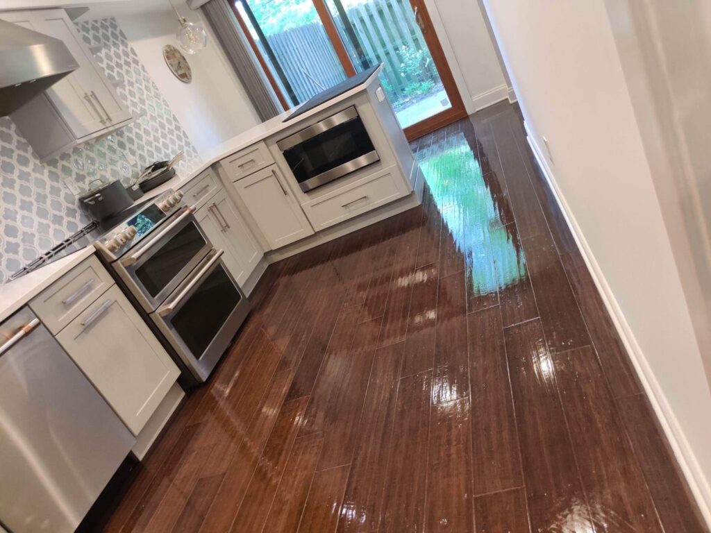 A clean kitchen with sparkling, shiny floors after professional cleaning by Rebeccas Customized Cleaning LLC in Reading, PA.