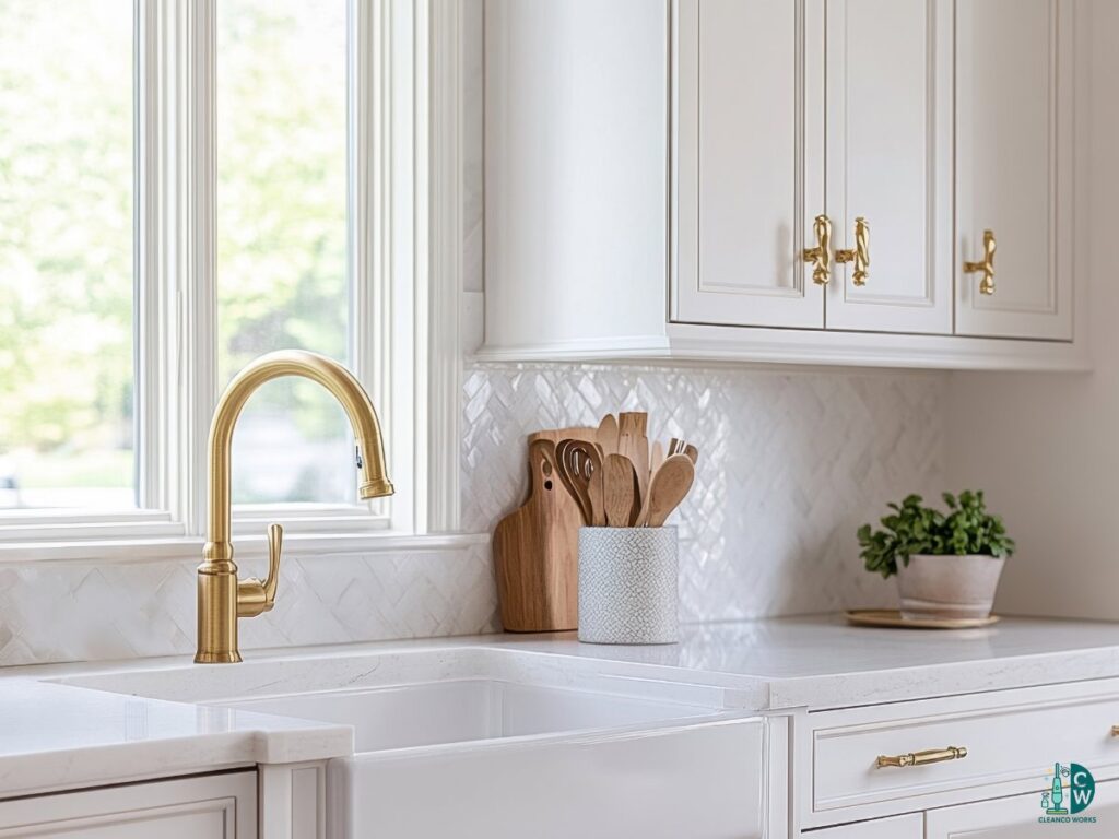 A meticulously clean kitchen sink area with a modern gold faucet and white countertops, reflecting the attention to detail by CleanCo Works in Scottsdale, AZ.