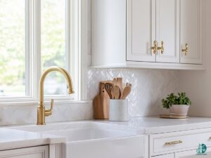 A meticulously clean kitchen sink area with a modern gold faucet and white countertops, reflecting the attention to detail by CleanCo Works in Scottsdale, AZ.