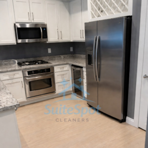 A sparkling clean kitchen with stainless steel appliances, expertly cleaned by SuiteSpot Cleaners in Las Vegas, NV.