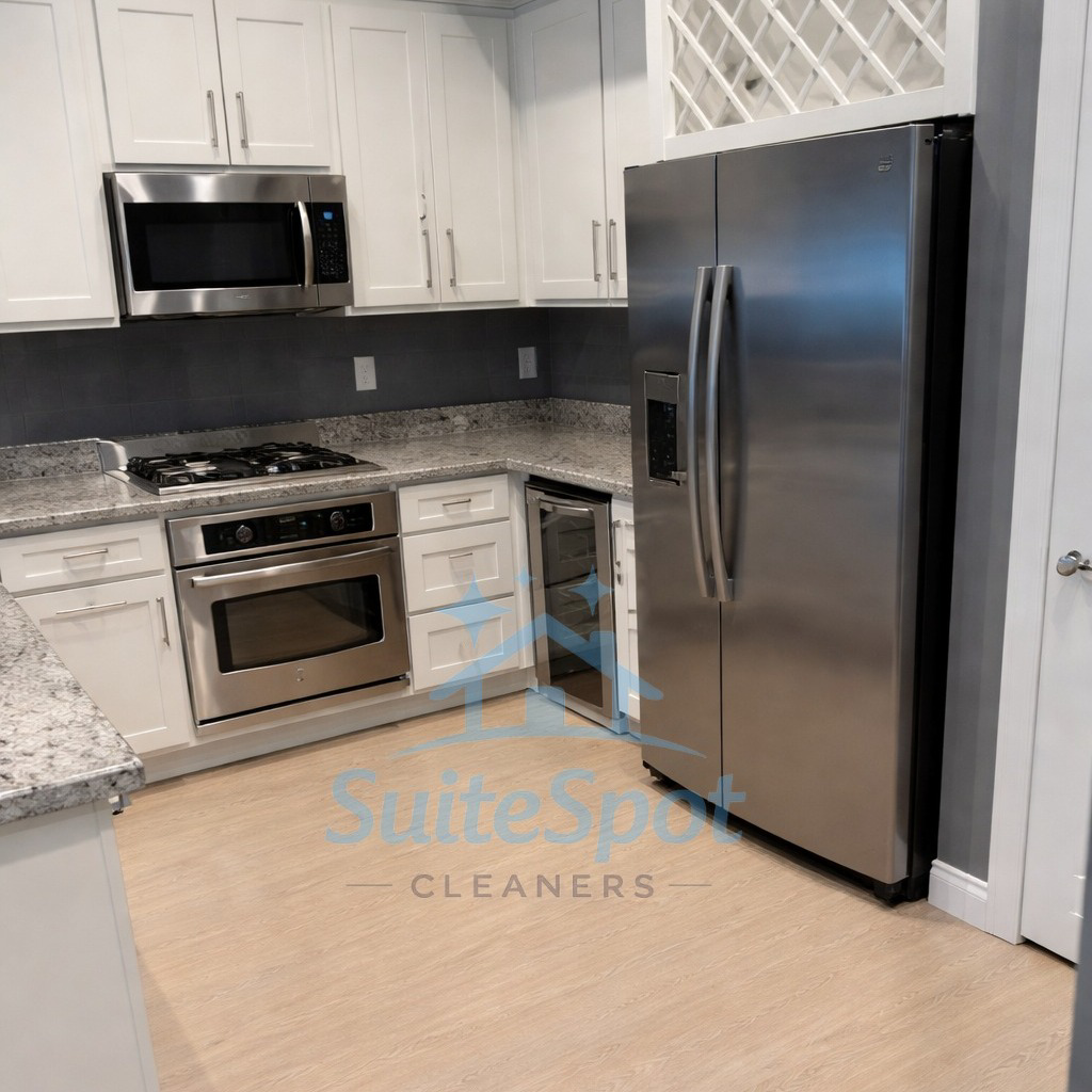 A sparkling clean kitchen with stainless steel appliances, expertly cleaned by SuiteSpot Cleaners in Las Vegas, NV.