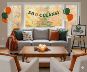 A beautifully clean living room celebrating 500 cleans milestone for Green & Simple LLC in Puyallup, WA.