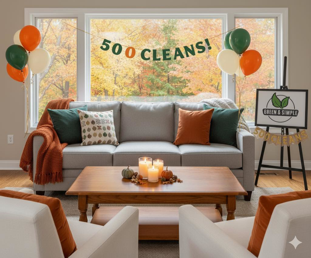 A beautifully clean living room celebrating 500 cleans milestone for Green & Simple LLC in Puyallup, WA.