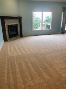 A freshly cleaned living room with a fireplace and vacuumed carpet, provided by Price Cleaning Services Omaha in Council Bluffs, IA.