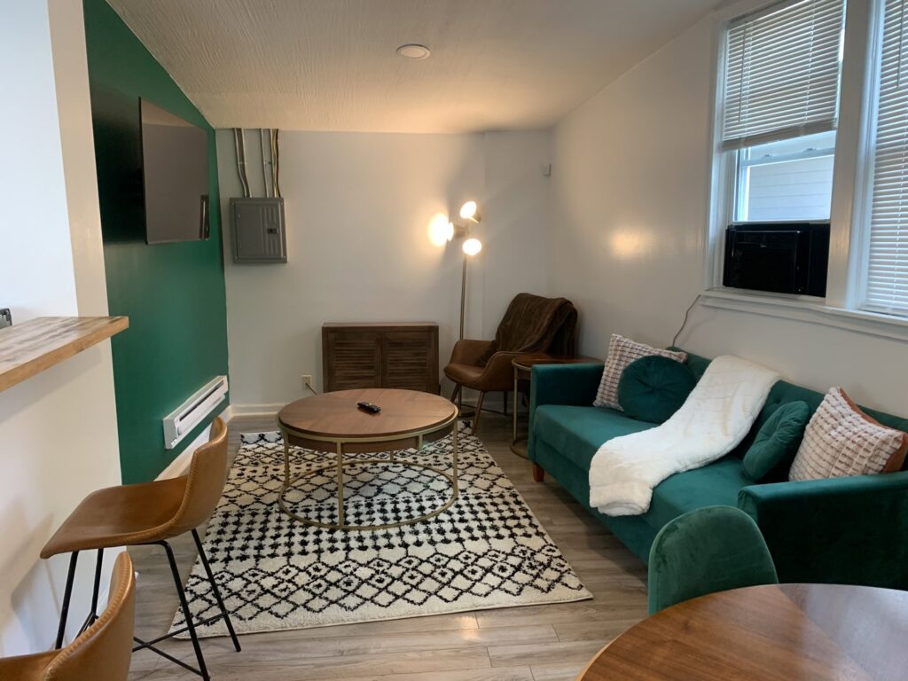 A clean living room with a green sofa, coffee table, and patterned rug, showcasing the tidiness achieved by Faye Cleaning Service LLC in Ankeny, IA.