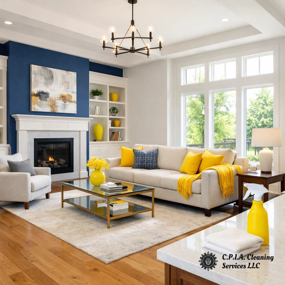 A sparkling clean living room with cleaning supplies on the counter, showcasing CPIA Cleaning Services in Des Moines, IA