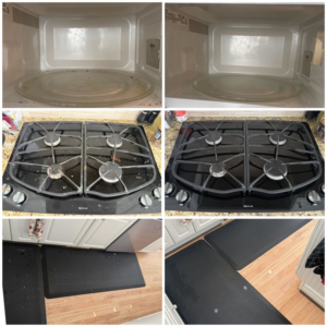 Before and after collage showing a clean microwave, stovetop, and kitchen floor by Home Sweet Home Cleaning Service in Livonia, MI.