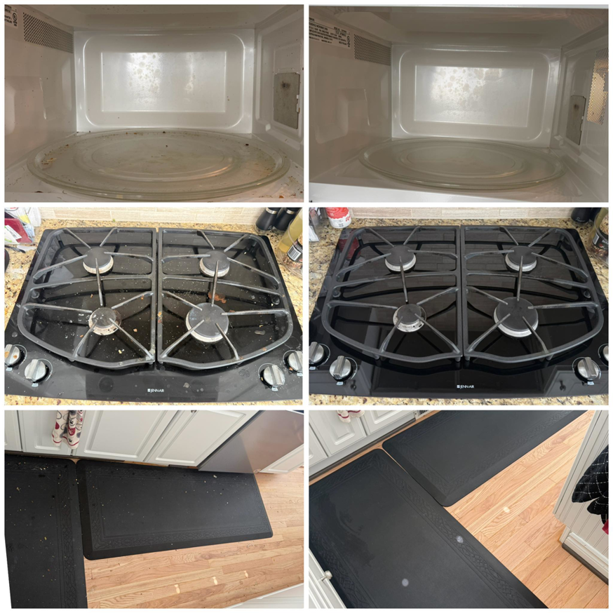 Before and after collage showing a clean microwave, stovetop, and kitchen floor by Home Sweet Home Cleaning Service in Livonia, MI.