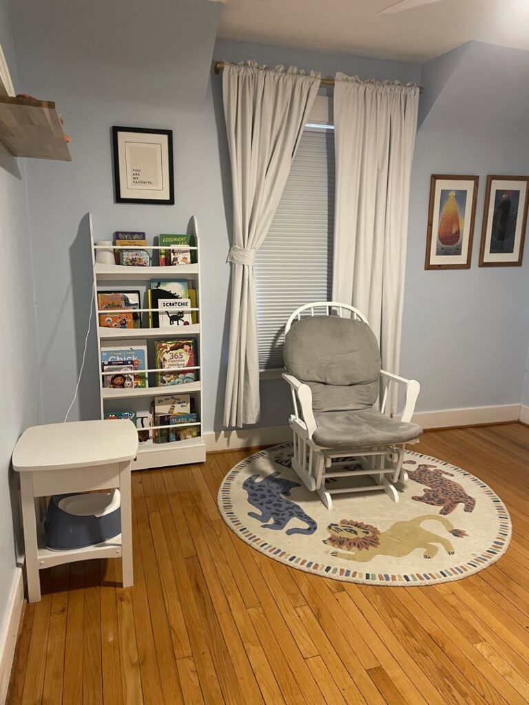 A bright and clean nursery room with a rocking chair and bookshelf, demonstrating house cleaning excellence by Cleans by Roseileen LLC in Louisville, KY.