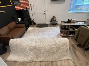 A clean white shag rug, partially folded, showing the successful results of Speedmaster Pro Cleaning services in Salt Lake City, UT.