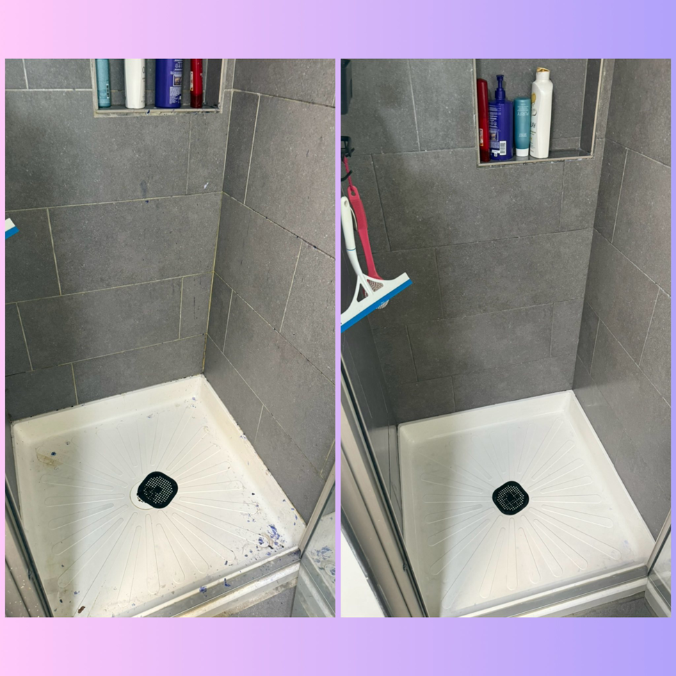 Before and after comparison of a spotless shower base cleaned by Home Sweet Home Cleaning Service in Livonia, MI.