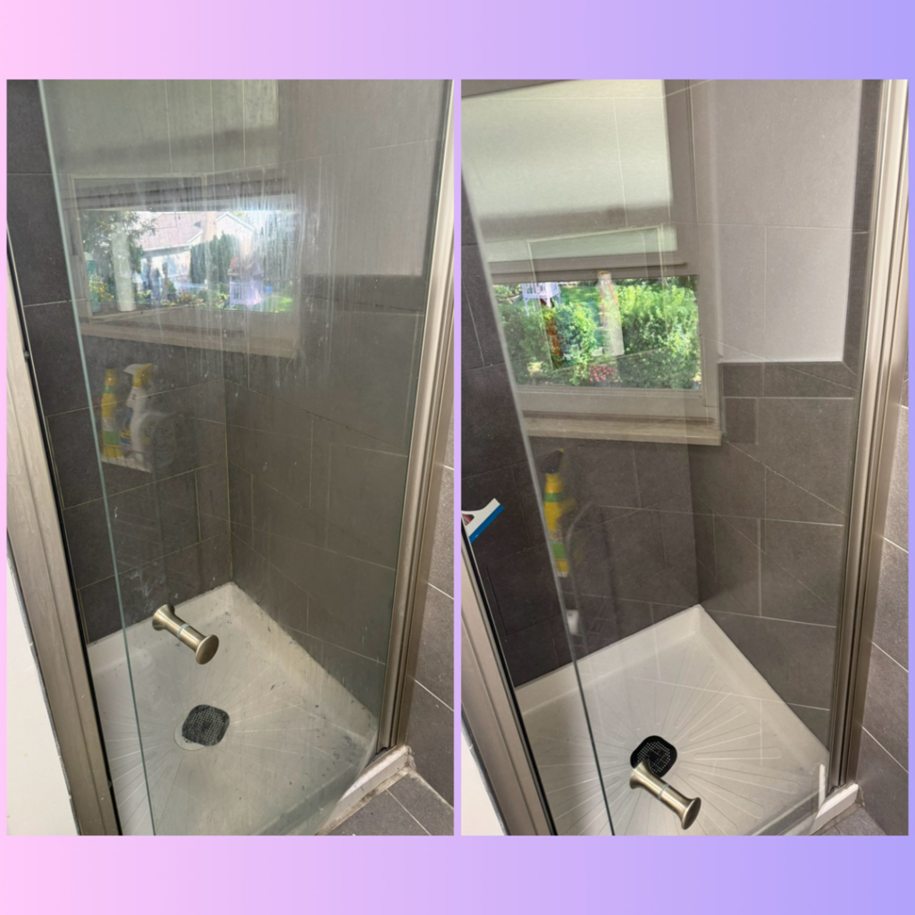 Before and after comparison of a sparkling clean shower door and base by Home Sweet Home Cleaning Service in Livonia, MI.