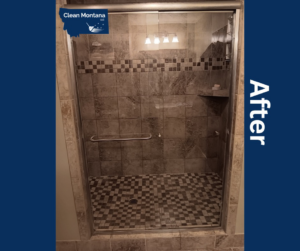 A sparkling clean shower with glass doors and tiled walls after professional cleaning by Clean Montana, LLC in Missoula, MT.