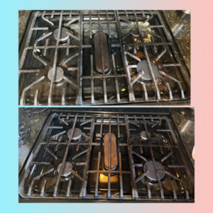 Before and after comparison of a thoroughly cleaned stovetop by Home Sweet Home Cleaning Service in Livonia, MI.