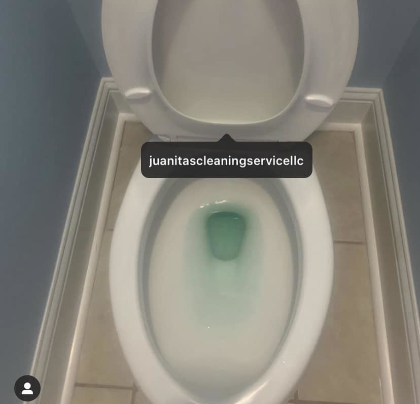 A freshly cleaned toilet bowl with blue cleaning solution by Juanita's Cleaning Services LLC in Gulfport, MS.