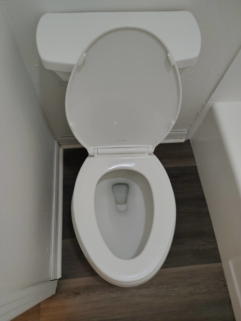 A sparkling clean white toilet after professional cleaning by Dulce's cleaning service in Dana Point, CA.