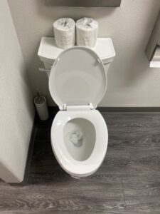 A sparkling clean toilet with fresh rolls of toilet paper, a detail from Simplicity Services in Las Vegas, NV