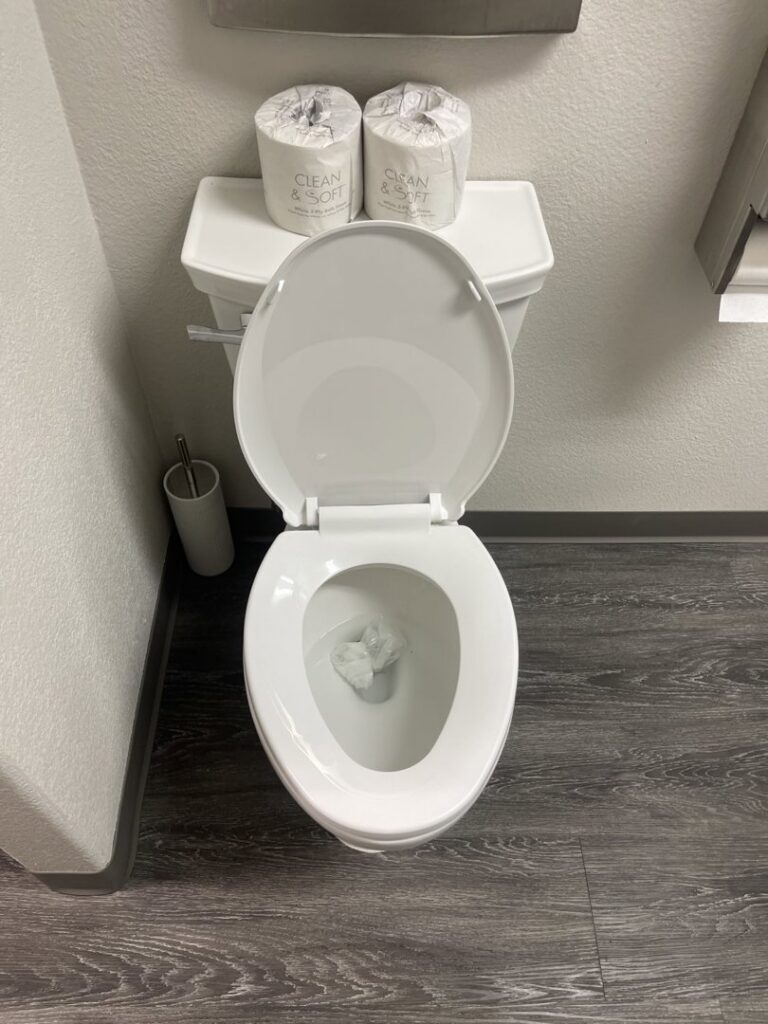 A sparkling clean toilet with fresh rolls of toilet paper, a detail from Simplicity Services in Las Vegas, NV