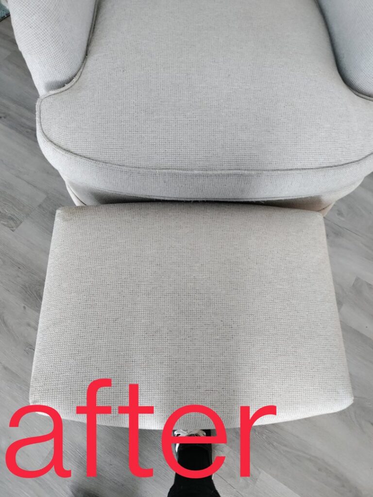 A clean chair cushion and ottoman, marked 'After' upholstery cleaning service by Mighty Mess Maid in Elizabethtown, KY.
