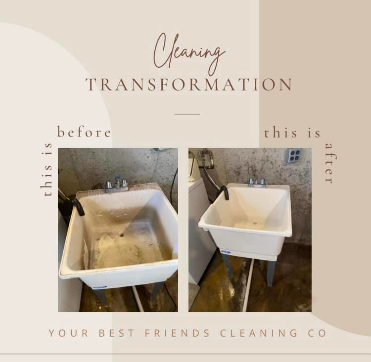 A before and after comparison showing a thoroughly cleaned utility sink by Your Best Friends Cleaning Co. in Overland Park, KS.