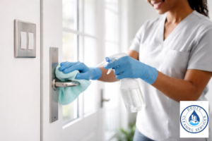 A house cleaner disinfecting a doorknob with spray and a cloth for Doozy Cleaning Services in Denver, CO.