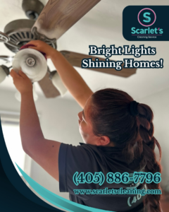 A cleaner dusting a ceiling fan light fixture for Scarlet Cleaning Service LLC in Bronx, NY