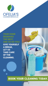 A professional cleaner wearing yellow gloves holding a bucket full of cleaning supplies for Ofelia's Cleaning Service in Evanston, WY.