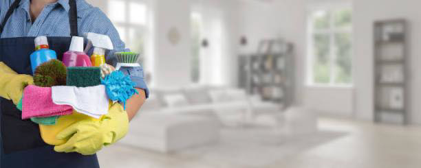 A cleaner wearing gloves and an apron, holding a basket of cleaning supplies for Peak&co Cleaners in Great Falls, MT.