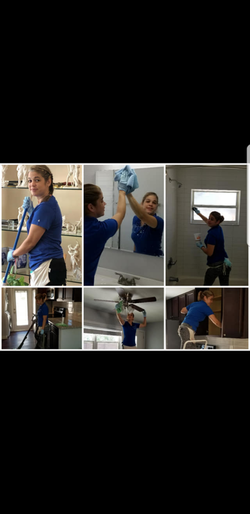 A professional cleaner from Joann Cleaning Services in Miami, FL, performing various house cleaning tasks like mopping, mirror, and cabinet cleaning.