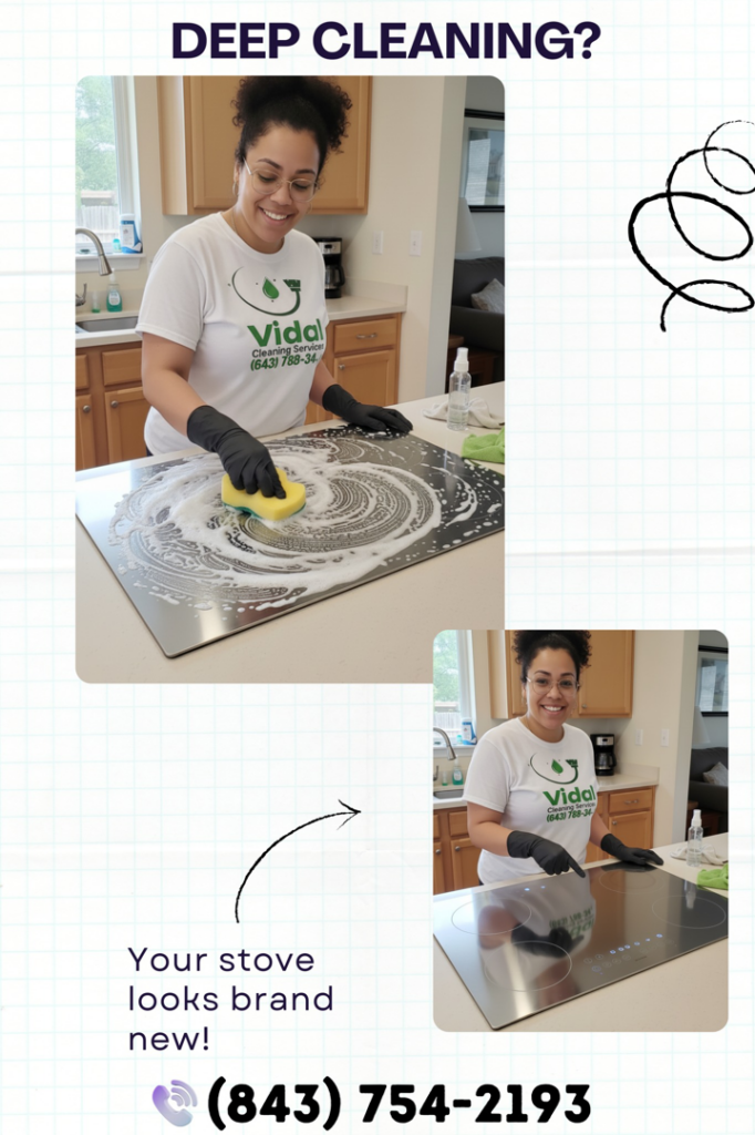 A cleaner from Vidal Cleaning meticulously scrubbing a stovetop, demonstrating deep cleaning services in North Charleston, SC.