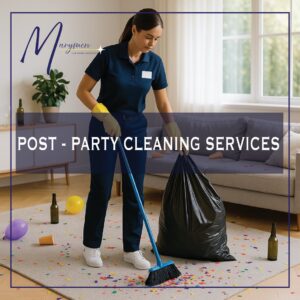 A cleaner sweeping up confetti and trash after a party, offering post-party cleaning services by Marymen Cleaning Services in Las Vegas, NV.