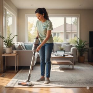 A house cleaner in a branded t-shirt vacuuming a rug in a bright living room for Mariahs House cleaning in Renton, WA.