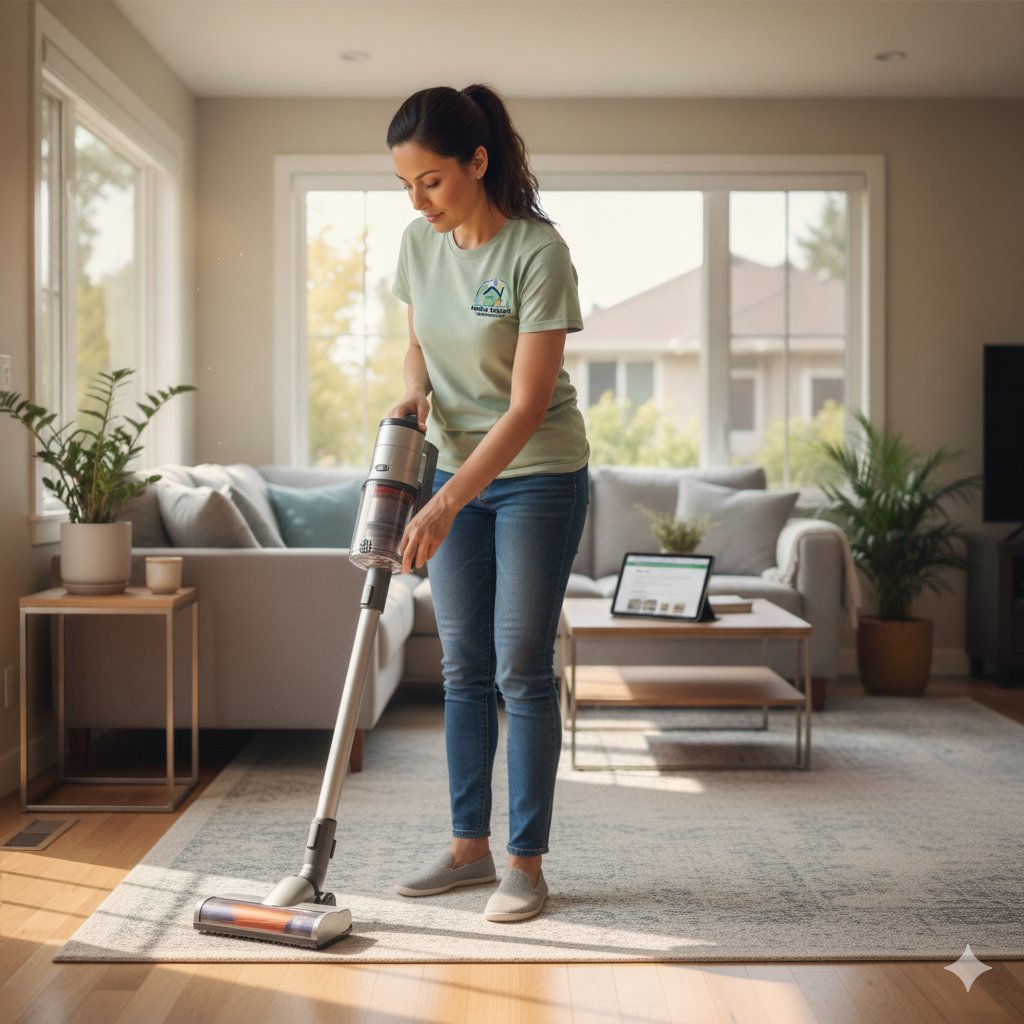 A house cleaner in a branded t-shirt vacuuming a rug in a bright living room for Mariahs House cleaning in Renton, WA.