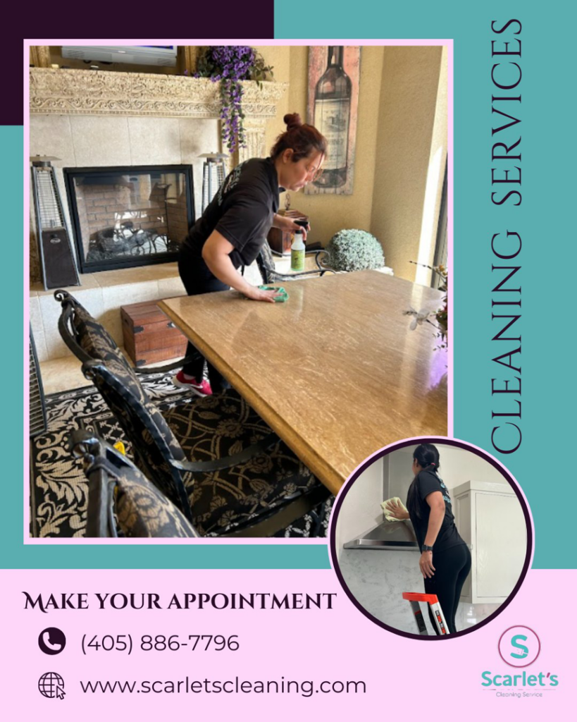 A cleaner wiping a dining table and kitchen cabinets for Scarlet Cleaning Service LLC in Bronx, NY
