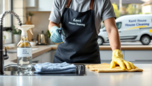 A house cleaner wiping down a kitchen counter at Crest Cleaning Services in Auburn, WA