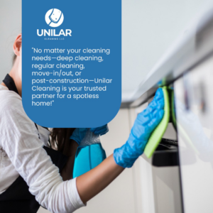 A cleaner wearing blue gloves and an apron, spraying and wiping an oven door with a green cloth for Unilar Cleaning LLC in Pittsburgh, PA.