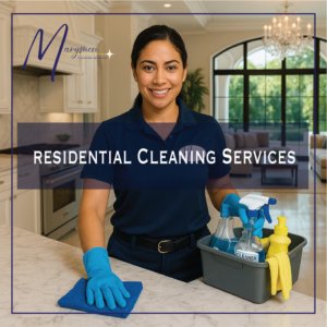 A smiling cleaner in uniform with a caddy of supplies, ready for residential cleaning by Marymen Cleaning Services in Las Vegas, NV.