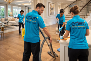 A professional cleaning crew from Eden Cleaning Services vacuuming, mopping, and wiping surfaces in a spacious home in Annapolis, MD.