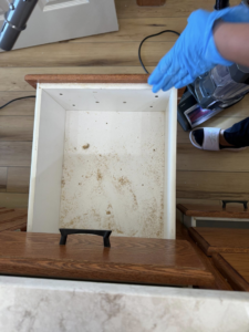 A gloved hand and vacuum cleaning a dirty kitchen drawer, showcasing house cleaning services by Divine Cleaning in Fargo, ND.