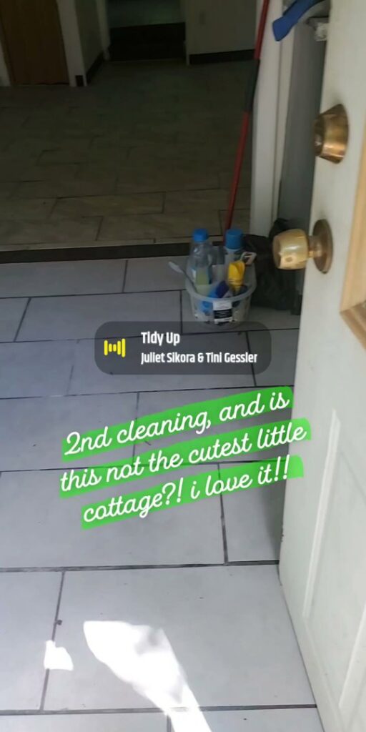 Cleaning supplies placed at the doorway of a cottage, indicating a house cleaning job by Make It Shine in Worcester, MA